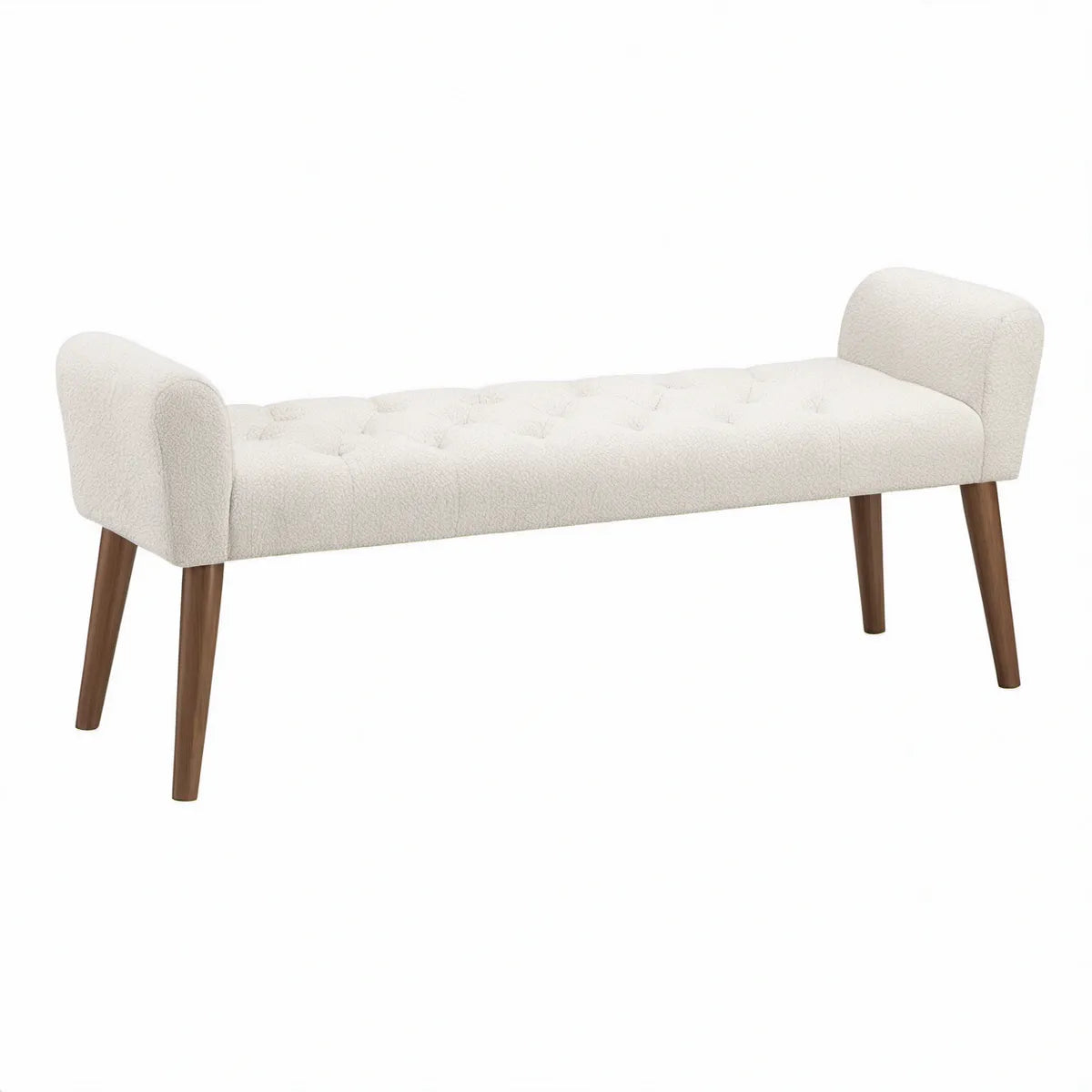 Gepolsterte Sitzbank mit Armlehnen, Bouclé Elfenbein, Walnussbraune Holzbeine, 120 x 45 x 56 cm