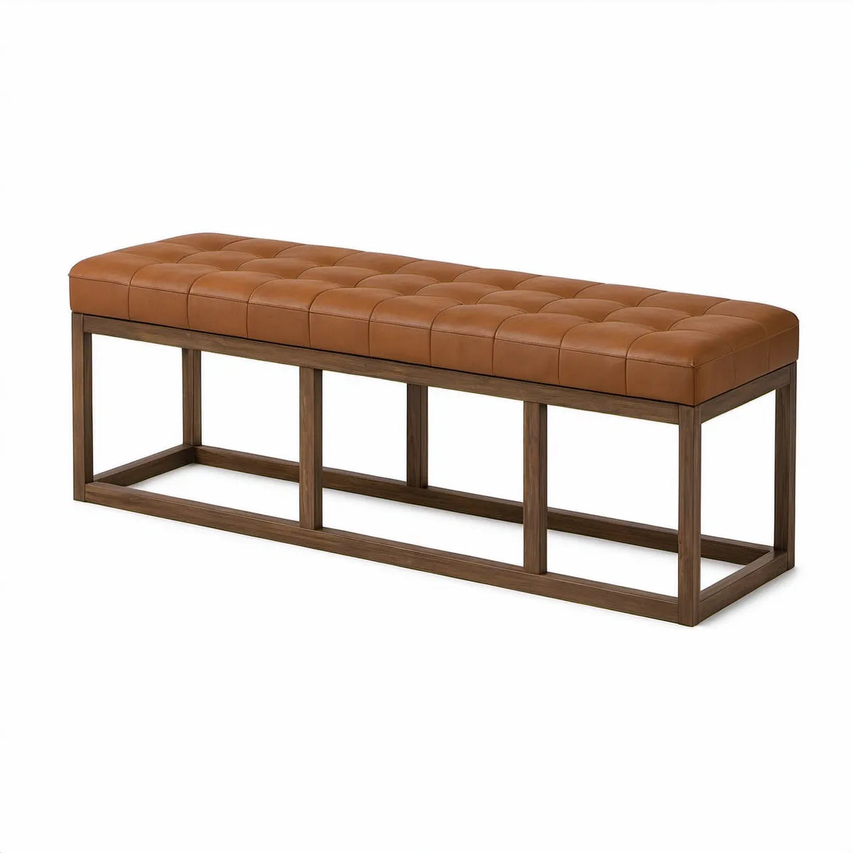 Bettbank 160 x 45 x 46 cm aus PU-Kunstleder und Massivholz, Cognacbraun/Walnussbraun