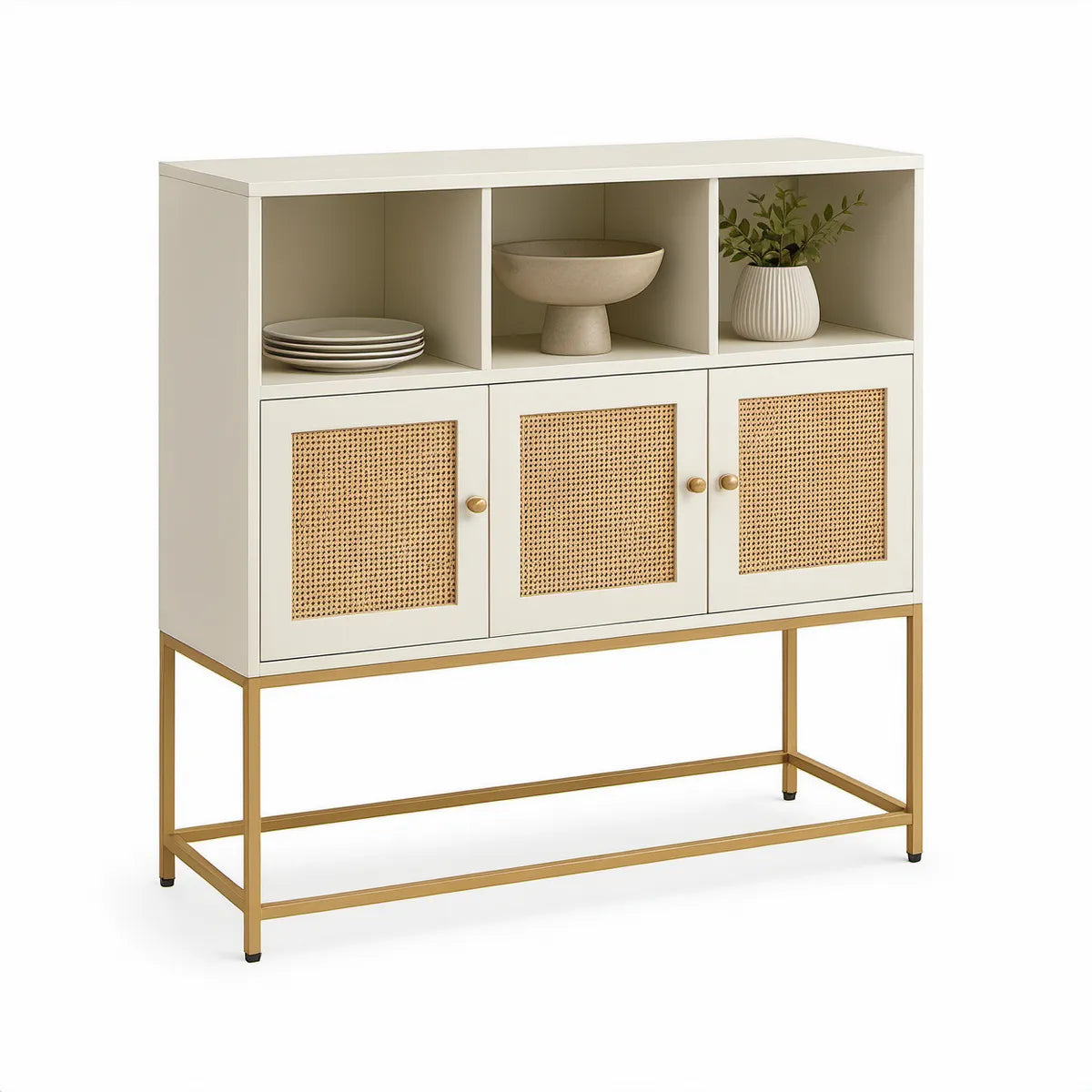 Rechteckiges Sideboard aus MDF mit Rattangeflecht, Weiss/Natur/Gold, 120 x 40 x 120 cm