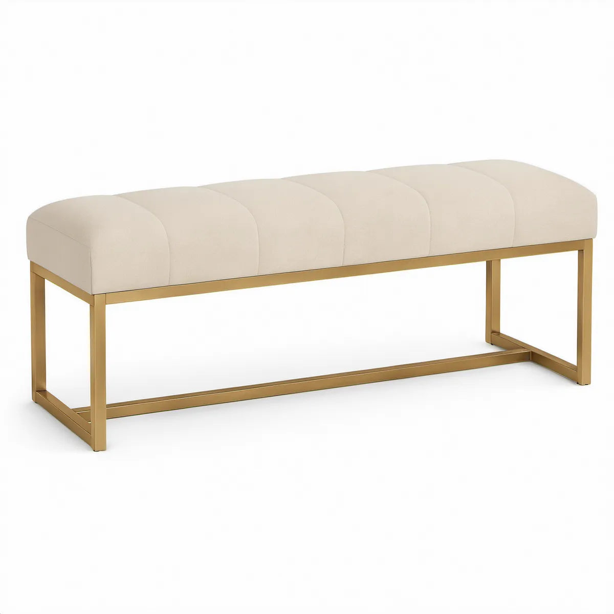 Gepolsterte Bettbank 120 x 40 x 46 cm in Creme mit goldfarbenem Stahlgestell