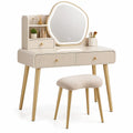 Schminktisch-Set mit LED-Spiegel und Hocker, 80 x 40 x 130 cm, Creme/Gold