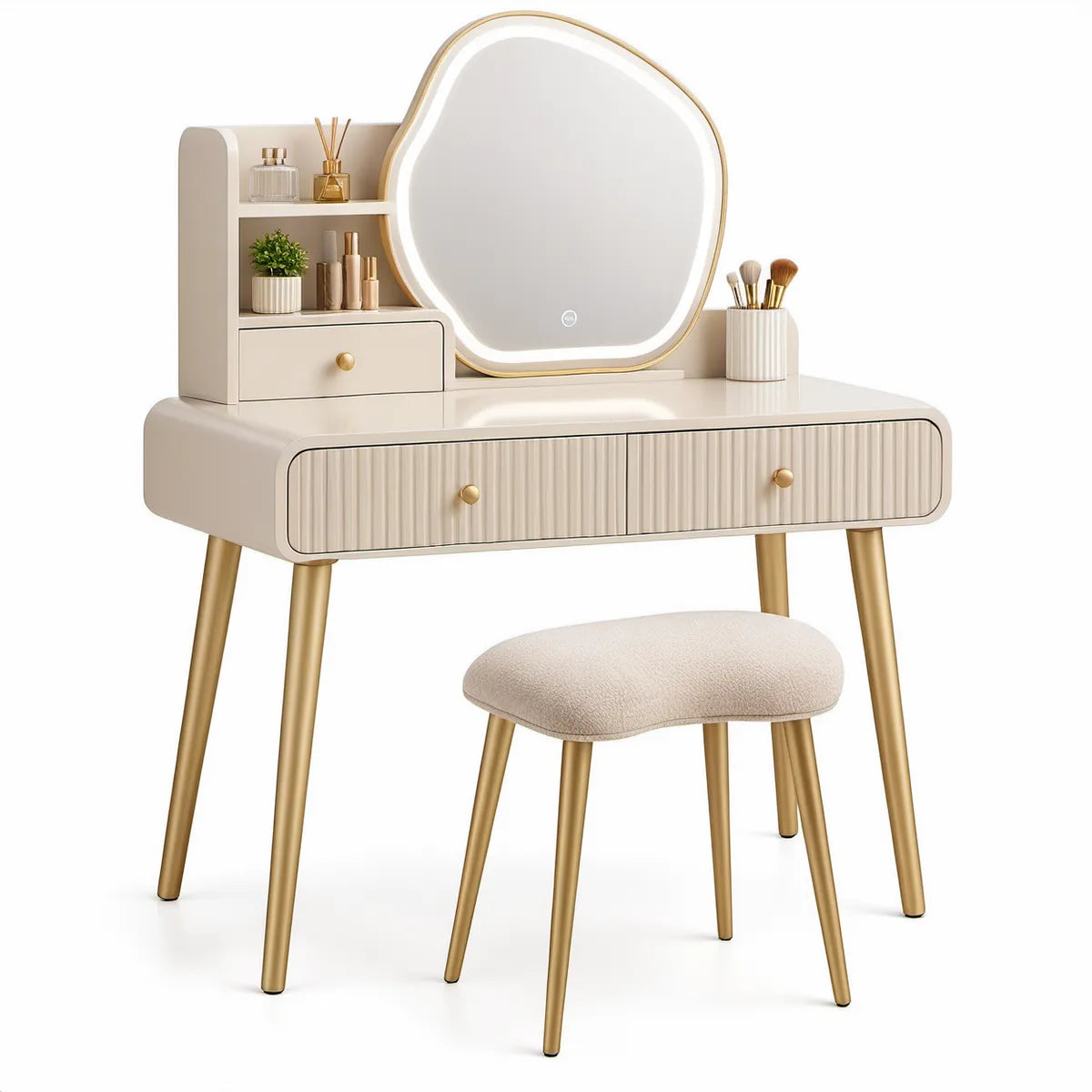 Schminktisch-Set mit LED-Spiegel und Hocker, 80 x 40 x 130 cm, Creme/Gold