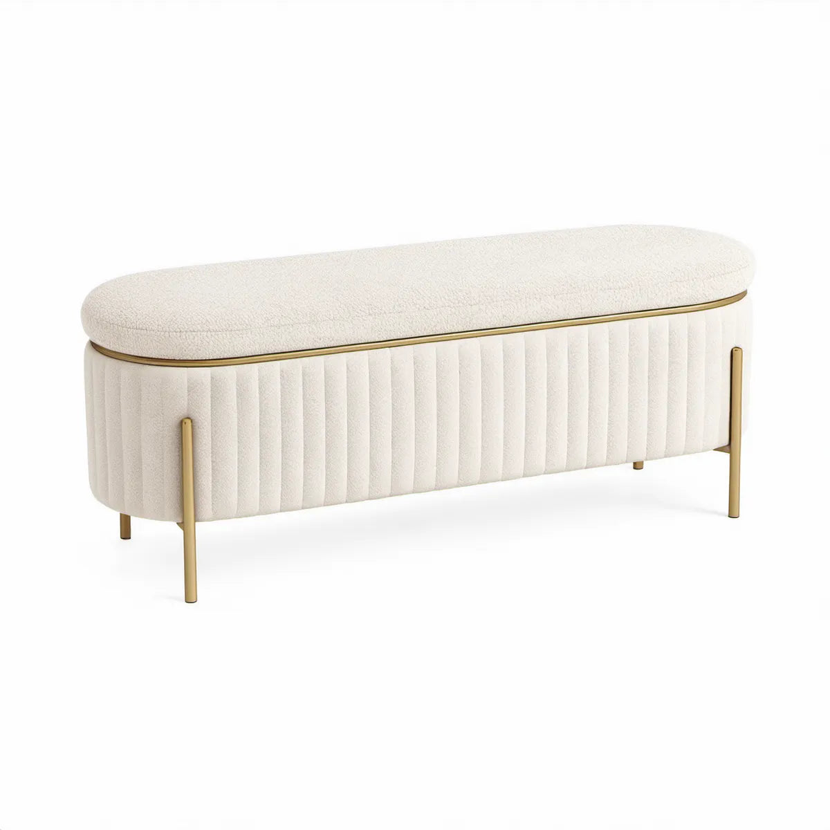 Bettbank mit Stauraum, 120 x 45 x 48 cm, Bouclé in Creme mit goldfarbenen Stahlfüssen