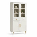 Vitrinenschrank Weiss/Gold mit 4 Türen, 2 Schubladen und Glasfenstern, 80 x 40 x 180 cm