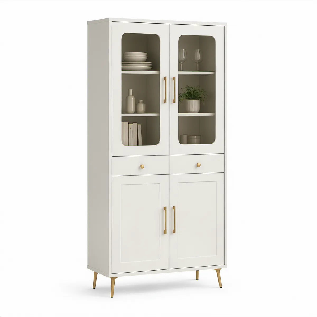 Vitrinenschrank Weiss/Gold mit 4 Türen, 2 Schubladen und Glasfenstern, 80 x 40 x 180 cm