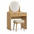 Schminktisch-Set Natur/Eiche/Beige, 80 x 40 x 141 cm, mit rundem LED-Spiegel, 2 Schubladen und Hocker
