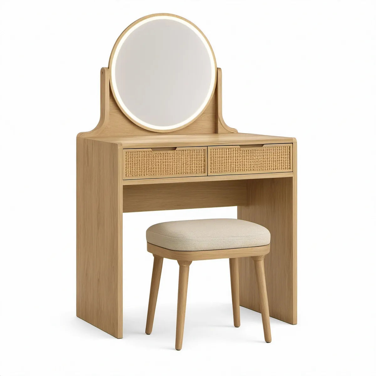 Schminktisch-Set Natur/Eiche/Beige, 80 x 40 x 141 cm, mit rundem LED-Spiegel, 2 Schubladen und Hocker