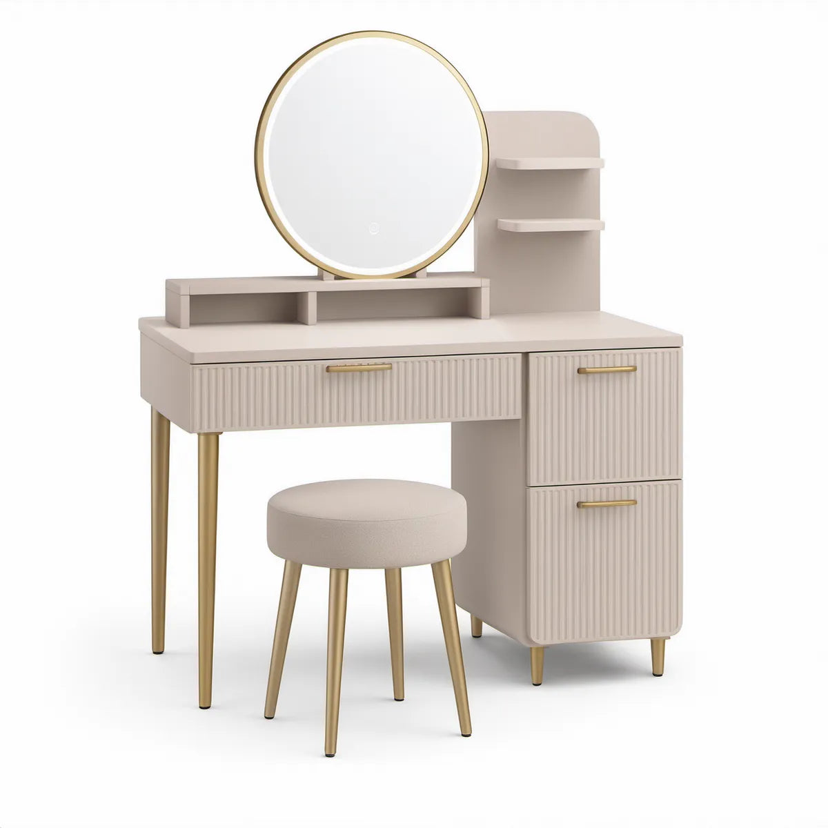Schminktisch-Set Beige/Gold mit LED-Spiegel, Hocker und 3 Schubladen, 100 × 45 × 140 cm