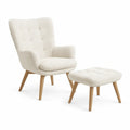 Gepolstertes Set in Creme mit Naturholzbeinen, Sessel 76 x 78 x 98 cm und Hocker 55 x 45 x 40 cm