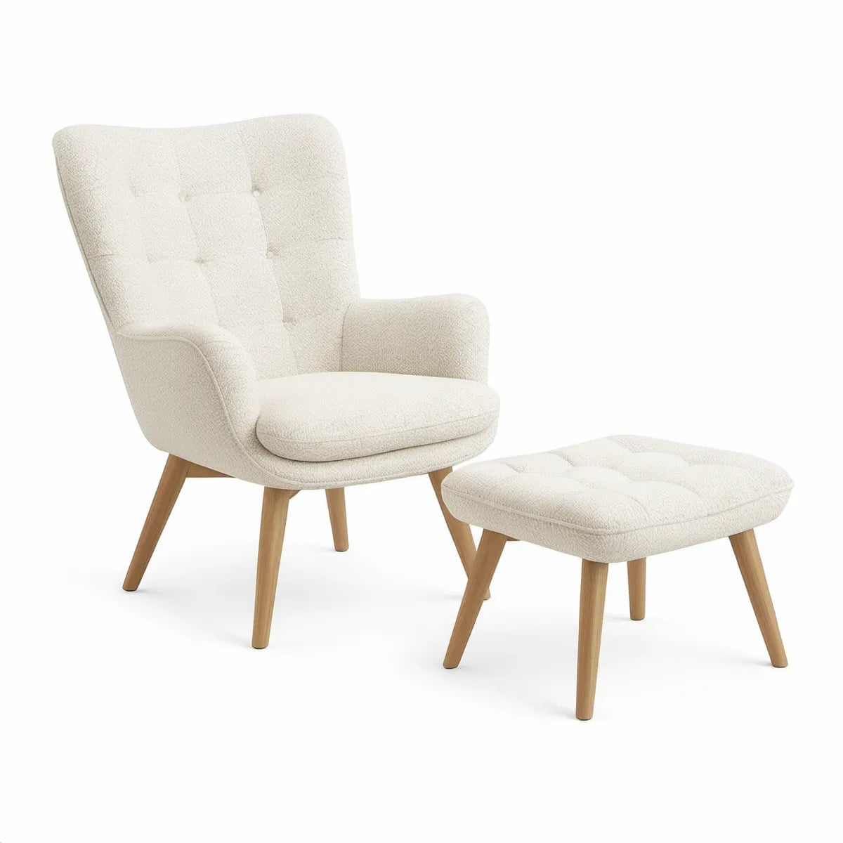 Gepolstertes Set in Creme mit Naturholzbeinen, Sessel 76 x 78 x 98 cm und Hocker 55 x 45 x 40 cm