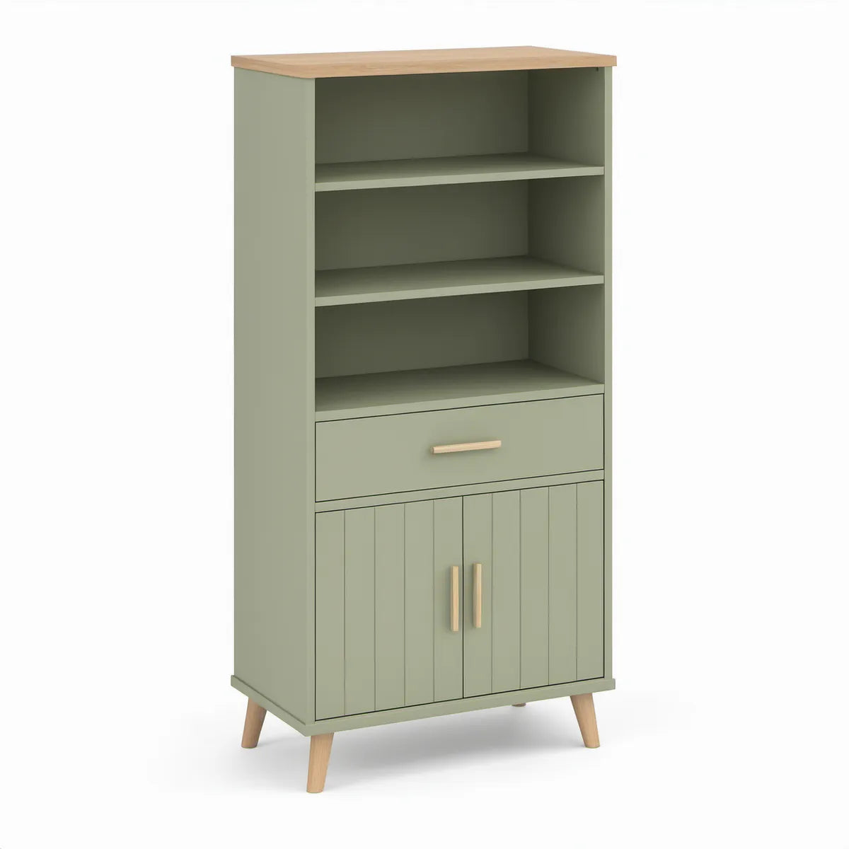 Stauraumschrank mit 2 Türen, 1 Schublade und 3 offenen Fächern, 70 x 40 x 160 cm, Salbeigrün/Eiche Natur